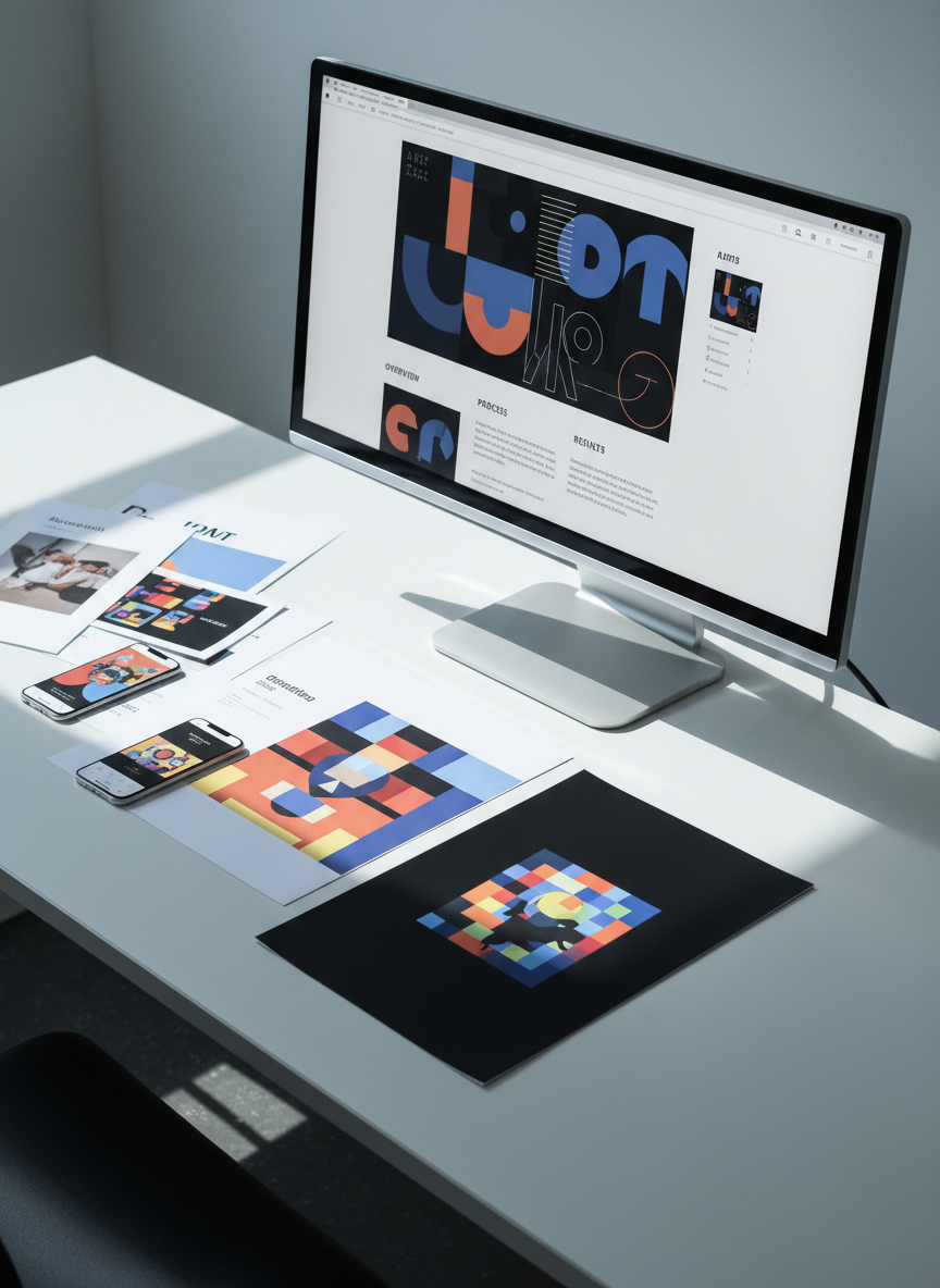 A polished hero image concept for Jackson Chambers’ portfolio: a large ultra-wide monitor on a clean white desk, displaying a full-screen digital case study with bold imagery and structured sections labeled for overview, process, and results using non-readable abstract shapes instead of real text. Nearby, printed mockups of branding systems, app interfaces, and posters are laid out in a carefully arranged fan, each piece sharply detailed and high quality. Cool natural light from the side casts precise shadows and subtle highlights on semi-matte paper stocks. Shot from a slightly elevated angle with photographic realism, the composition follows the rule of thirds, leaving negative space in the upper right. The atmosphere is calm, confident, and professional, emphasizing design rigor and depth of thinking.