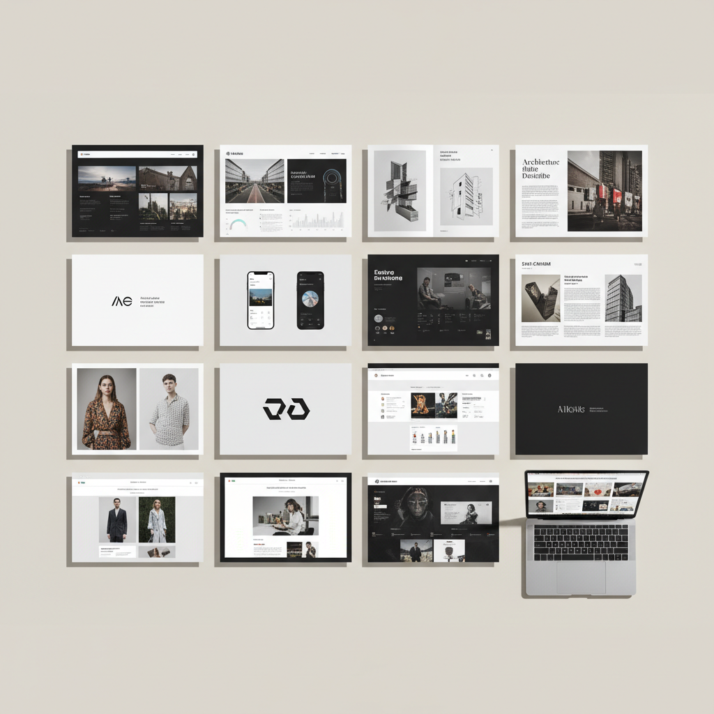 An elegant grid of portfolio work samples arranged on a long, neutral-toned tabletop, photographed from a top-down, flat-lay perspective. High-quality photographic prints of websites, mobile apps, editorial layouts, and logo systems are placed with generous spacing, each piece framed by subtle shadows that lift them from the surface. A slim silver laptop at the edge of the frame shows a gallery view of additional projects. Soft studio lighting from above is evenly diffused, ensuring sharp detail and true-to-life color without glare. The mood is curated and museum-like, with a sophisticated, gallery-style presentation that emphasizes refinement and attention to detail. The aesthetic is clean, modern, and uncluttered, perfect for showcasing Jackson Chambers’ breadth of digital design work.